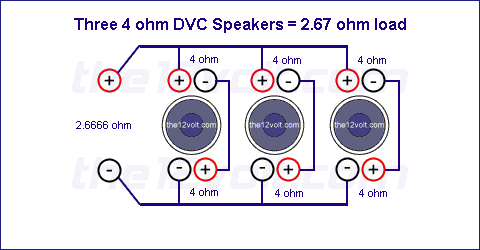 Subwoofer Wiring Diagrams, Three 4 ohm Dual Voice Coil (DVC) Speakers