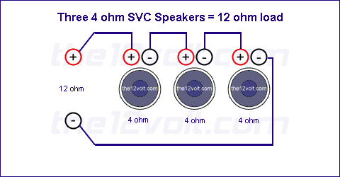 Subwoofer Wiring Diagrams, Three 4 ohm Single Voice Coil (SVC) Speakers